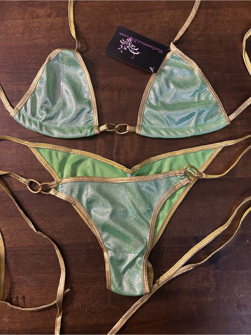 NWT Sexy Skimpy Lime Green Sparkle w/ Gold Trim Tri-Top Scrunchy Butt Bikini Set